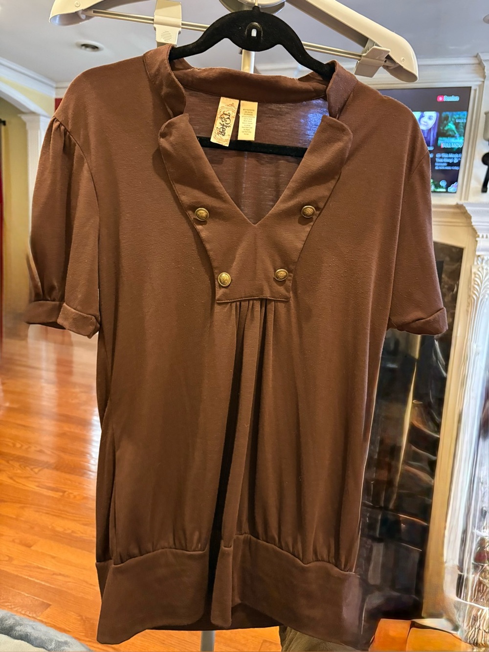 L8teR  Women’s Brown Short Sleeve V-neck Blouse With Gold Button Details.